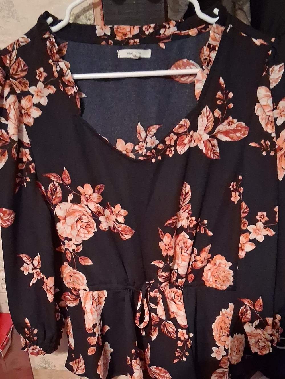 Floral Tie-Waist Black Blouse with Peach Roses
